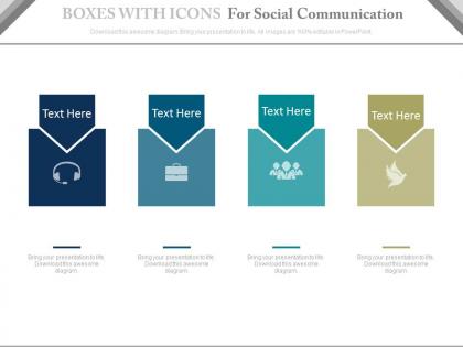 Four boxes with icons for social communication powerpoint slides