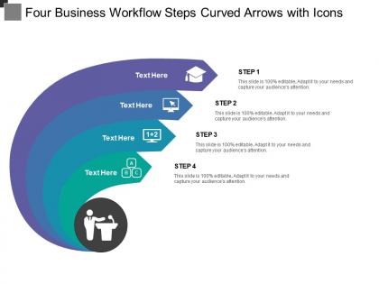 Four business workflow steps curved arrows with icons