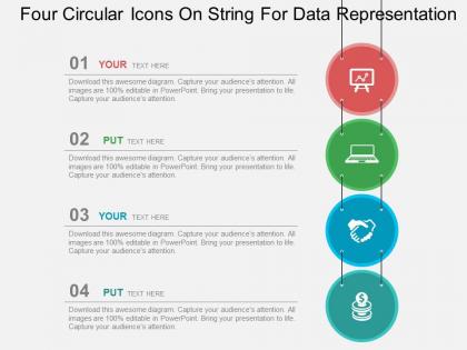 Four circular icons on string for data representation flat powerpoint design