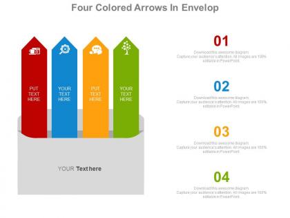 Four colored arrows in envelop for communication strategy powerpoint slides