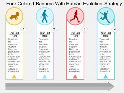 Four colored banners with human evolution strategy flat powerpoint design