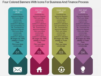 Four colored banners with icons for business and finance process flat powerpoint desgin