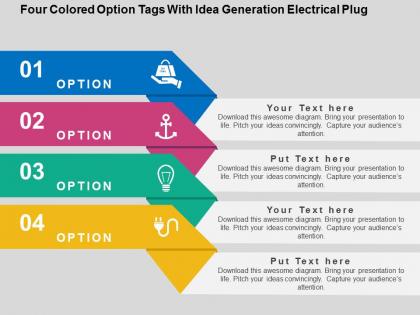 Four colored option tags with idea generation electrical plug flat powerpoint design