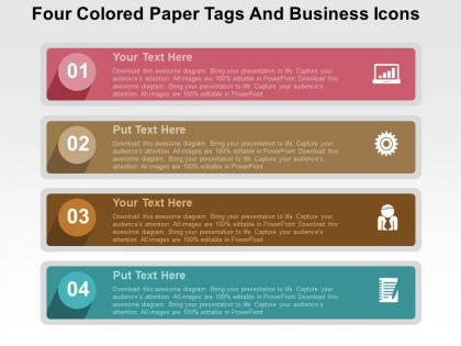 Four colored paper tags and business icons flat powerpoint design