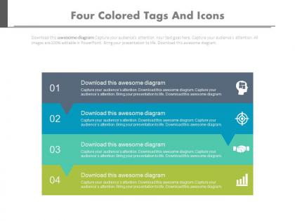 Four colored tags and icons for business solutions flat powerpoint design