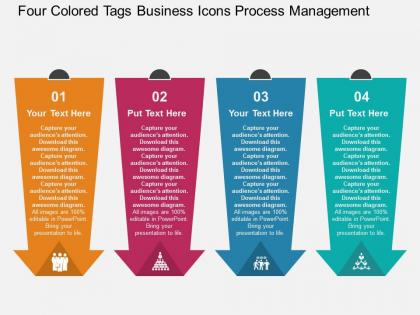Four colored tags business icons process management flat powerpoint design
