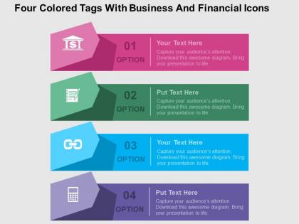 Four colored tags with business and financial icons flat powerpoint design