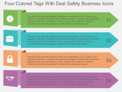 Four colored tags with deal safety business icons flat powerpoint design