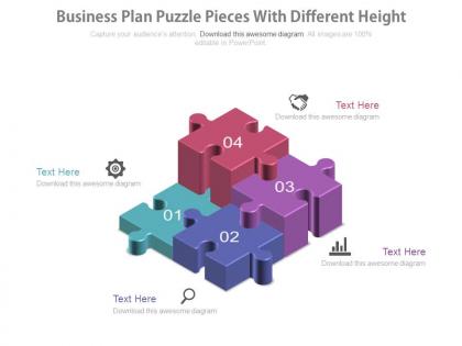 Four different height puzzles and icons for business plan powerpoint slides