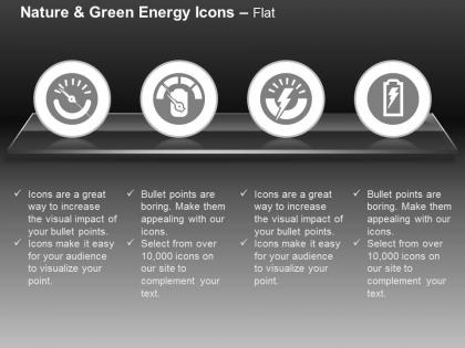Four energy meters power level indication ppt icons graphics