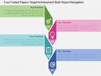 Four folded papers target achievement bulb report navigation flat powerpoint design