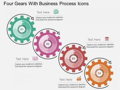 Four gears with business process icons flat powerpoint design