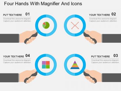 Four hands with magnifier and icons flat powerpoint design