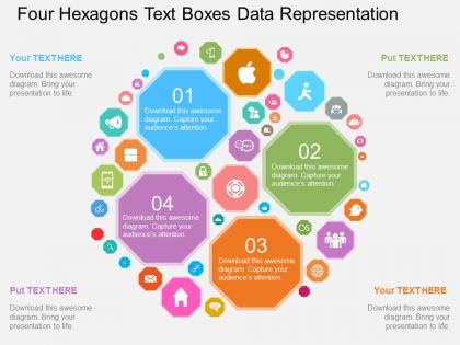 Four hexagons text boxes data representation flat powerpoint design