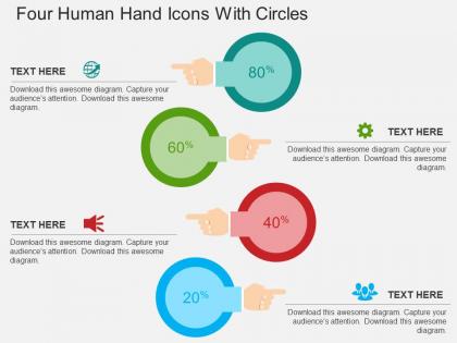 Four human hand icons with circles flat powerpoint design
