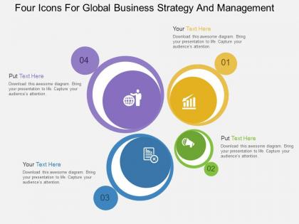 Four icons for global business strategy and management flat powerpoint design