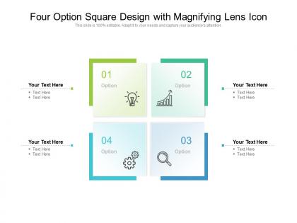 Four option square design with magnifying lens icon