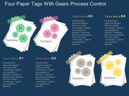 Four paper tags with gears process control flat powerpoint design