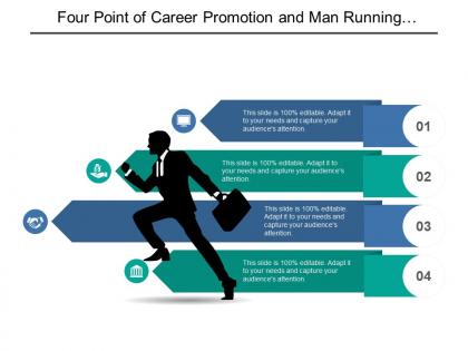 Four point of career promotion and man running with briefcase graphic