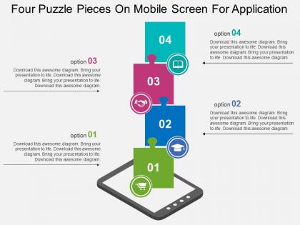 Four puzzle pieces on mobile screen for application flat powerpoint design