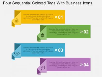 Four sequential colored tags with business icons flat powerpoint design