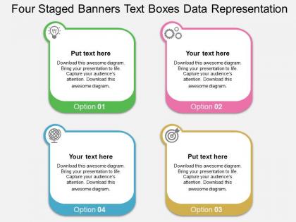 Four staged banners text boxes data representation flat powerpoint design