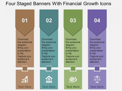 Four staged banners with financial growth icons flat powerpoint design