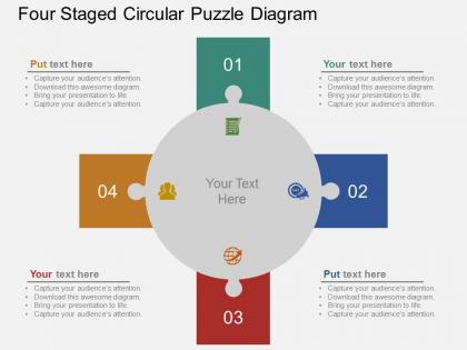Four staged circular puzzle diagram flat powerpoint design