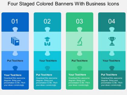 Four staged colored banners with business icons flat powerpoint design