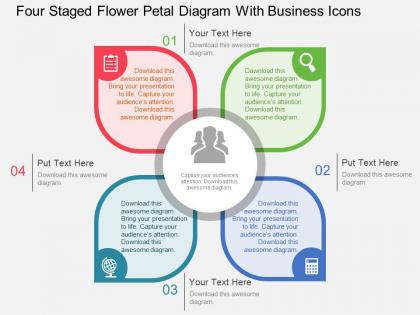 Four staged flower petal diagram with business icons flat powerpoint design
