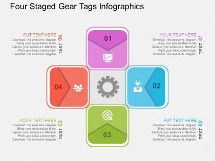 Four staged gear tags infographics flat powerpoint design