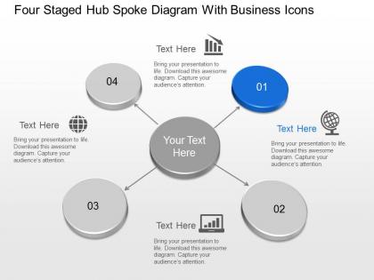Four staged hub spoke diagram with business icons powerpoint template slide