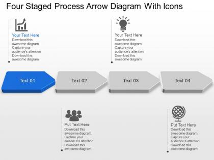 Four staged process arrow diagram with icons powerpoint template slide