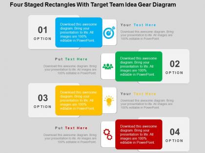 Four staged rectangles with target team idea gear diagram flat powerpoint design
