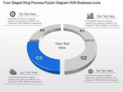 Four staged ring process puzzle diagram with business icons powerpoint template slide