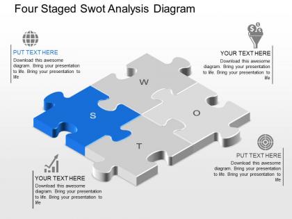 Four staged swot analysis diagram powerpoint template slide