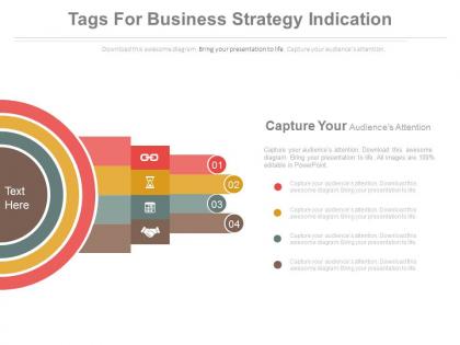 Four staged tags for business strategy indication flat powerpoint design