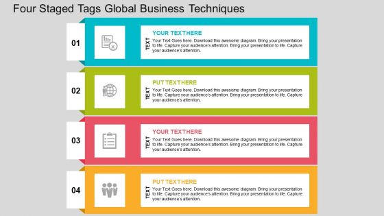 Four staged tags global business techniques flat powerpoint design
