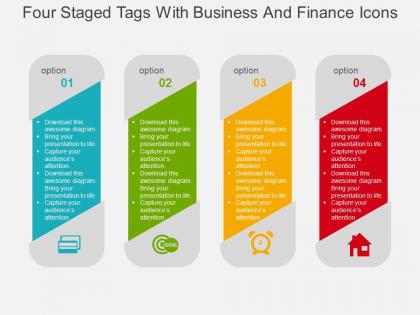 Four staged tags with business and finance icons flat powerpoint design