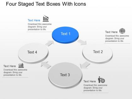 Four staged text boxes with icons powerpoint template slide