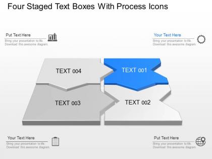 Four staged text boxes with process icons powerpoint template slide