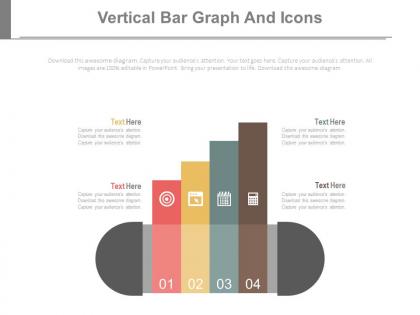 Four staged vertical bar graph and icons powerpoint slides