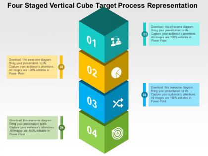 Four staged vertical cube target process representation flat powerpoint design