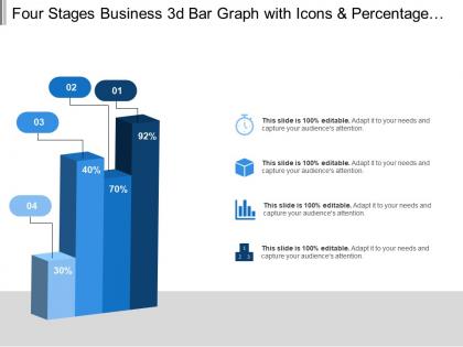 Four stages business 3d bar graph with icons and percentage values
