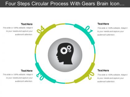 Four steps circular process with gears brain icon and text boxes