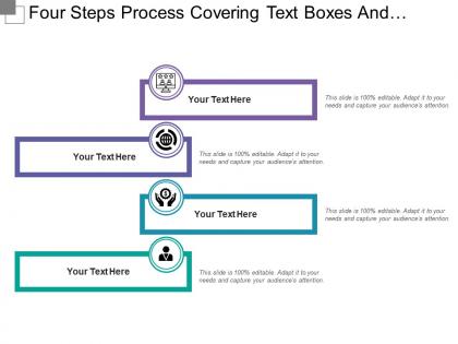 Four steps process covering text boxes and icons