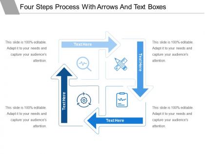 Four steps process with arrows and text boxes