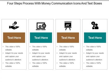 Four steps process with money communication icons and text boxes