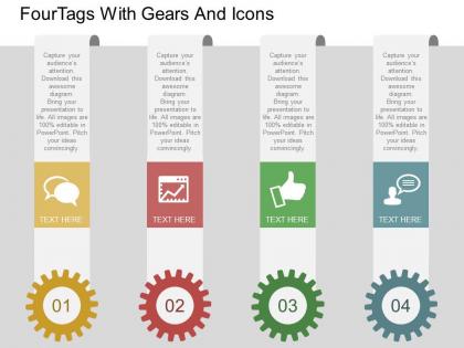 Four tags with gears and icons flat powerpoint desgin