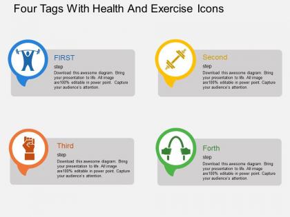 Four tags with health and exercise icons flat powerpoint design
